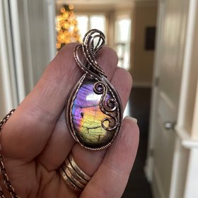 Rainbow Labradorite Oval Swirly Copper Pendant
