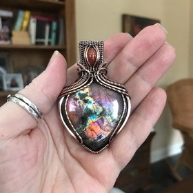Orange Purple Labradorite & Sunstone Copper Pendant with Woven Bail