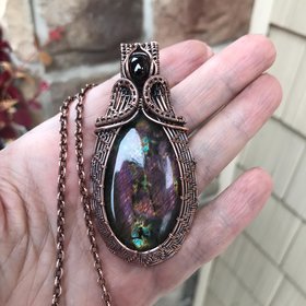 Purple Pink Labradorite & Garnet Woven Copper Pendant
