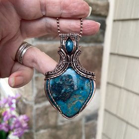 Turquoise and apatite copper wire wrapped pendant, Blue teal crystal artisan necklace