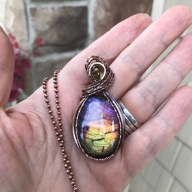 Rainbow labradorite & citrine oval copper wire wrapped pendant, Spectrolite purple yellow crystal necklace