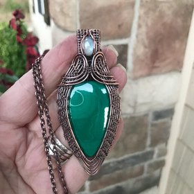 Malachite & Moonstone Copper Woven Pendant