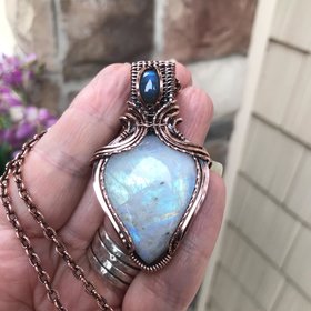 Moonstone & Blue Labradorite Copper Pendant with Weaving