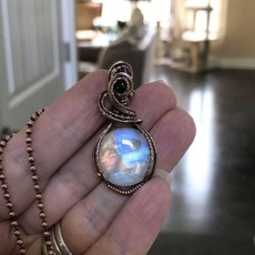 Rainbow moonstone & iolite copper wire wrapped necklace,  Artisan blue orange crystal pendant