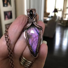 Purple Maroon Labradorite & Garnet Copper Pendant with Weaving