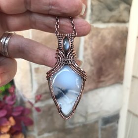 Dendritic Opal  & Gray Moonstone Copper Pendant with Weaving