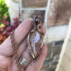 Golden Sunstone & Garnet Copper Pendant with Weaving