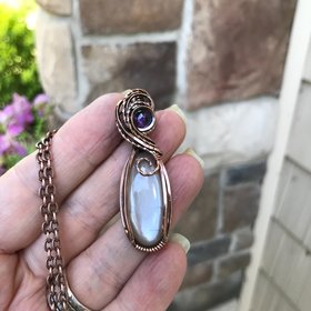 Gray Moonstone & Amethyst Slender Oval Copper Pendant