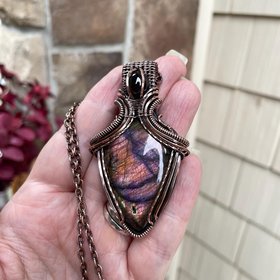 Purple Maroon Labradorite & Garnet Copper Pendant with Weaving