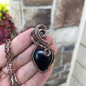 Obsidian Rutile Quartz Heart Copper Pendant