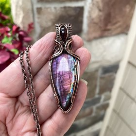 Purple & Pink Labradorite & Moonstone Copper Pendant with Weaving